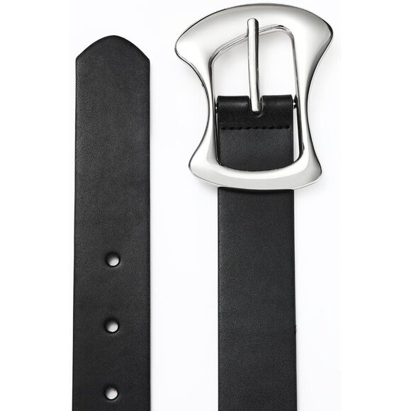 Women\'s Black Leather Belt with Silver Buckle for Jeans Dresses XL Fit